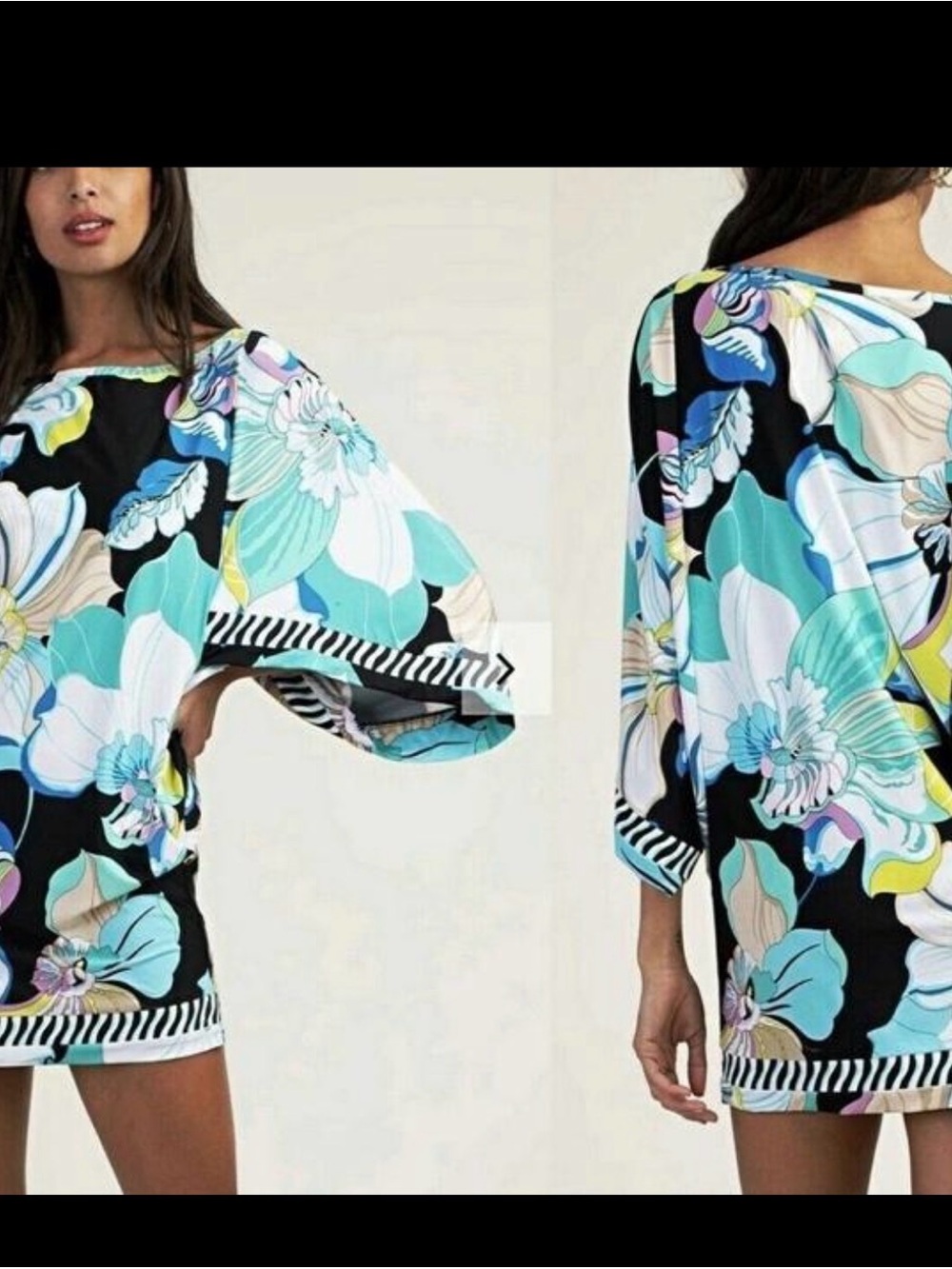 Trina Turk Sintra Floral Scoop Neck Coverup  in Black, Turquoise & White